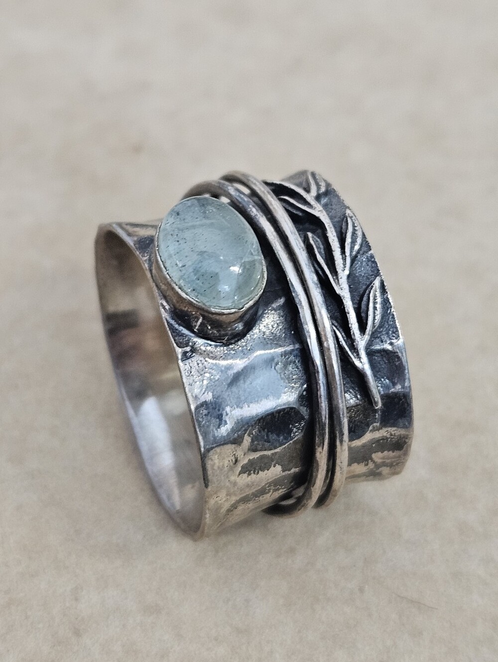 Natural Aquamarine 925 Leaf Spinner Boho Ring Sterling Silver Size 10 US